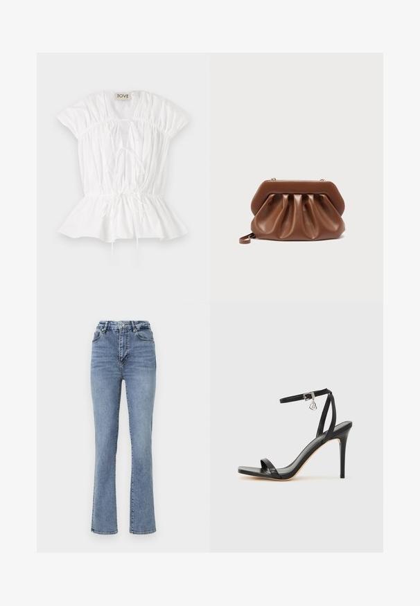 Witte katoenen blouse met korte pofmouwen, geplooide details en een strik aan de voorkant. Peplum zoom voegt een uitlopende silhouet toe. Merkenlabel zichtbaar.; Hoge taille blauwe spijkerbroek met een recht pasvorm, voorzien van een klassieke vijf-pocketstijl en subtiele stikselaccenten.; Zwarte sandaal met hoge hak, smalle enkelband, vierkante neus, soepel leermateriaal en metalen gespsluiting.; Bruin leren clutch met geplooid ontwerp en gestructureerd bovenframe, voorzien van een klein polsbandje en gouden sluitingsdetails.