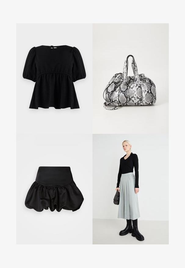 Schwarze Bluse mit kurzen Ärmeln, texturierter Oberfläche, Rundhalsausschnitt, elastischem Taillenbund und Rückenschnürung. Ausgestellte Silhouette.; Schwarzer Satinenrock mit tailliertem Bund und voluminösem, gerafftem Saum. Verfügt über eine glatte Textur und eine ballonförmige Silhouette.; Schwarzes Langarmoberteil, hellgrauer plissierter Rock mit Doppelverschlussdetails und schwarzen Boots mit dicker Sohle; silberne Handtasche mit Verzierungen.; Schwarz-weiße Handtasche im Schlangenhautmuster mit zwei Griffen, einem Kordelzugverschluss und einem abnehmbaren Schultergurt. Glatte Textur.