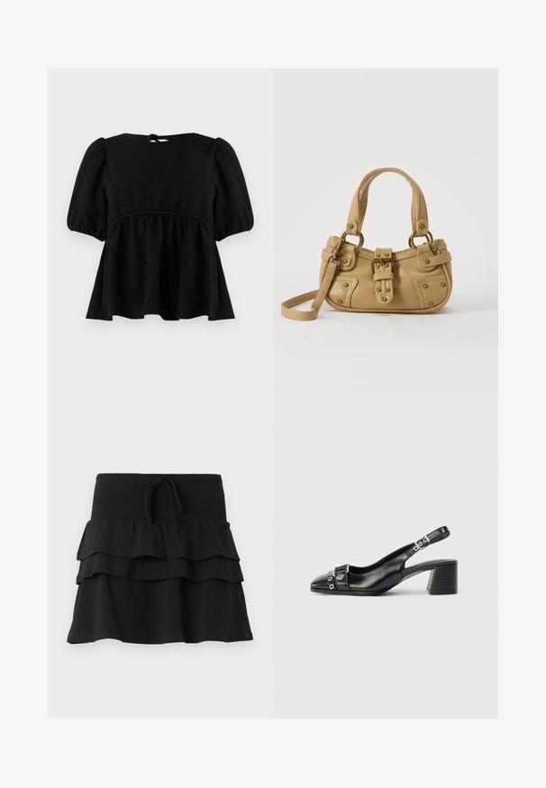 Blouse noire à manches courtes avec une finition texturée, encolure ronde, taille élastique et détail de lien dans le dos. Silhouette évasée.; Jupe noire avec un design à étages, comportant deux couches volantées et une taille élastique à cordon. Fabriquée en tissu doux pour le confort.; Sandale à talon en cuir noir avec un bout pointu, une sangle texturée ornée d'accents métalliques circulaires et un talon empilé.; Sac à main en cuir beige avec double poignées, boucle en laiton et détails rivetés, ainsi qu'une bandoulière réglable sur fond blanc.
