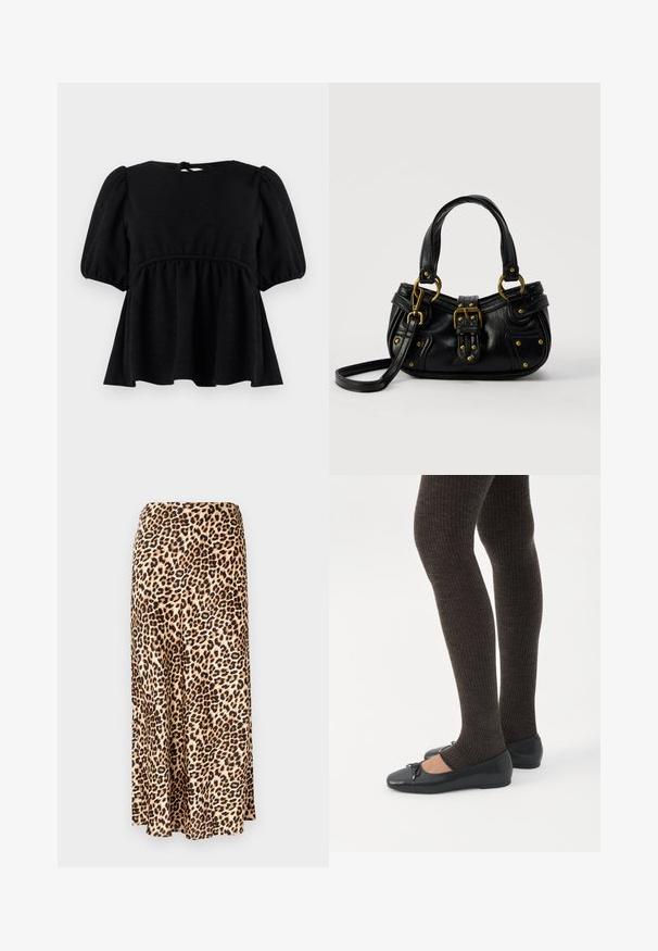 Blusa negra de manga corta con acabado texturizado, escote redondo, cintura elástica y detalle de lazo en la espalda. Silueta acampanada.; Falda larga de estampado de leopardo hecha de tejido suave. Base marrón clara con manchas negras y marrones. Diseño acampanado con dobladillo recto.; Piernas con leggings oscuros acanalados combinados con bailarinas negras que presentan pequeños detalles de lazo sobre un fondo blanco.; Bolso de cuero negro con hebilla y detalles de remaches dorados, asas cortas y una correa de hombro ajustable sobre un fondo blanco liso.