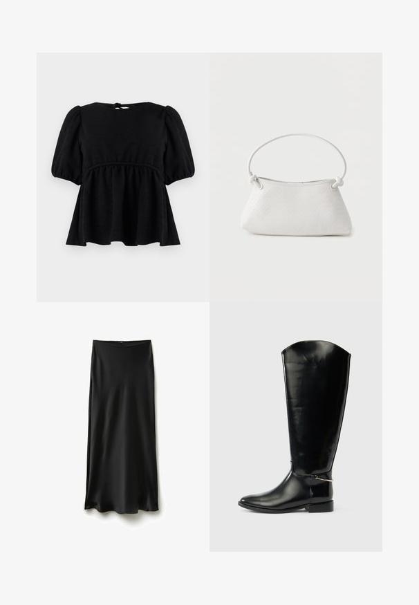 Blusa negra de manga corta con acabado texturizado, escote redondo, cintura elástica y detalle de lazo en la espalda. Silueta acampanada.; Falda midi de satén negro con una textura suave, cinturilla elástica y una silueta recta con un dobladillo ligeramente acampanado.; Bota alta de cuero negro con punta puntiaguda, tacón bajo y detalle de metal plateado en el tobillo sobre un fondo blanco liso.; Bolso de mano de cuero blanco tejido con asa redondeada y extremos de la correa anudados, exhibido sobre un fondo liso.