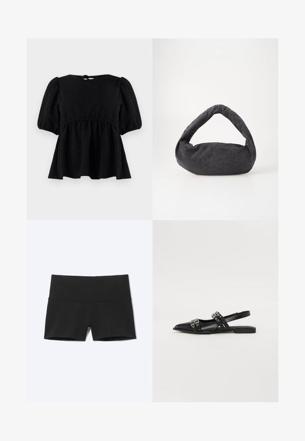 Blouse noire à manches courtes avec une finition texturée, encolure ronde, taille élastique et détail de lien dans le dos. Silhouette évasée.; Short de sport noir extensible taille haute avec une large ceinture et une jambe courte sur fond clair uni.; Even&Odd by Zalando Ballerines à brides arrière - black; Sac en tissu gris foncé avec une anse courbée, texture douce et forme arrondie. Pas de matériel ou d'embellissements visibles.