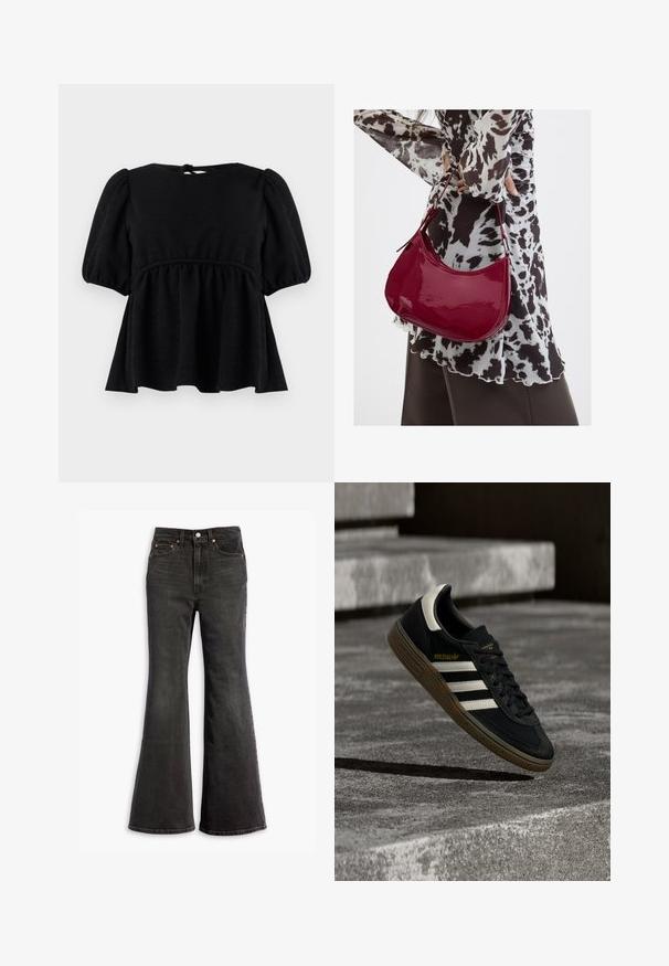 Zwarte blouse met korte mouwen en een gestructureerde afwerking, ronde halslijn, elastische taille en strikdetail op de rug. Uitlopende silhoutte.; Zwarte high-waisted denim jeans met een flared leg, vijf-pocket ontwerp en koperen klinknagels.; Zwarte Adidas sneaker met witte strepen en gumzool die boven grijze betonnen trappen zweeft in natuurlijk licht.; Vrouw met een zwart-wit gebloemde blouse houdt een glanzende rode schoudertas vast tegen een effen achtergrond.
