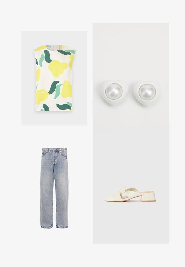 Ærmeløs hvid kjole med rund hals og store abstrakte blomster i gult, mørkegrønt og lysegrønt.; Lyseblå højhalset straight-leg denimjeans med forlommer og knaplukning på en ensfarvet hvid baggrund.; Cremefarvede blokhælede sandaler med snoede stropper og en flad tåbund. Glat syntetisk materiale med en mat finish.; Hvide hjerteformede øreringe med en rund, skinnende perle i midten, med en glat overflade og en blank finish.