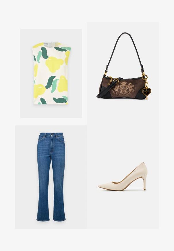 Ærmeløs hvid kjole med rund hals og store abstrakte blomster i gult, mørkegrønt og lysegrønt.; Denim flared jeans i mellemblå med høj talje, fem lommer og tonalt syninger. Har en knap og lynlås lukning.; Beige højhælet pumpe med spids tå, glat læderoverdel og slank stilettohælt. Har en lavudskåret front og ingen synlig hardware.; Brun og sort håndtaske med logo-design, guldfarvet hardware, aftagelig rem og et hjerteformet charm. Teksturerede materialer, slank silhuet.