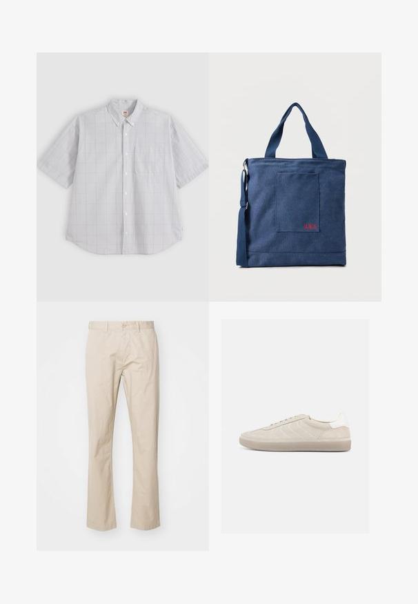 Camisa gris claro de manga corta con botones, patrón de cuadros sutil, bolsillo en el pecho delantero y cuello abotonado.; Chinos de algodón beige con un diseño de pierna recta, que cuentan con un cierre de botón y pliegues sutiles para dar textura. Tela suave y líneas limpias.; Zapatilla beige de ante con parte superior texturizada, contrafuerte de talón blanco liso, cordones finos y suela de goma. Presenta un diseño de perfil bajo.; Bolso tote de lona azul con bolsillo frontal y bordado rojo "O.N.S", con asas dobles y una correa ajustable para el hombro.