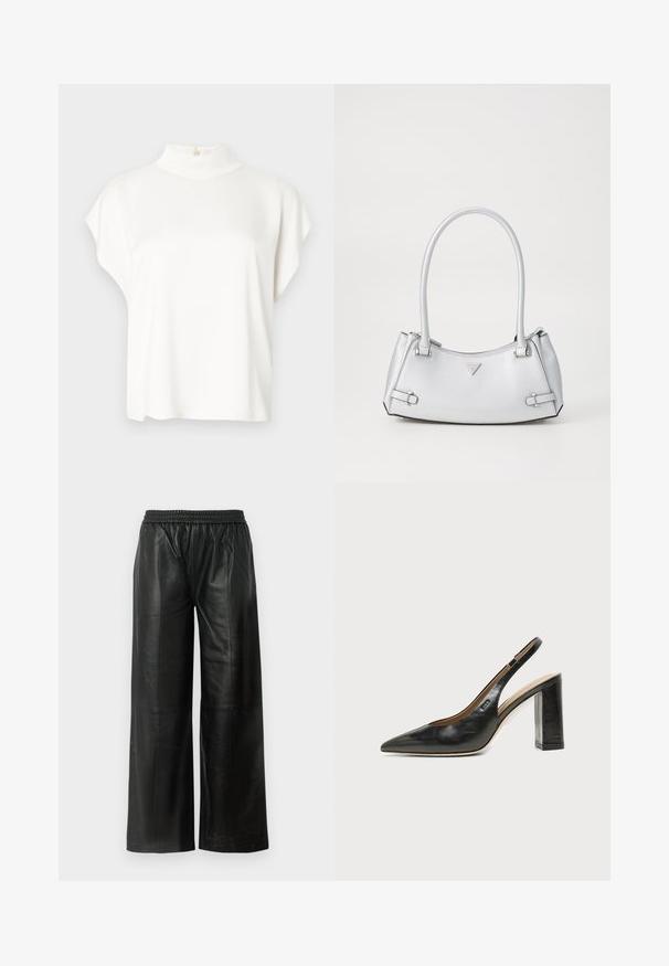 Haut blanc à manches courtes avec un col montant, fabriqué en tissu doux. Doté d'un détail de bouton à l'arrière du col. Silhouette simple et décontractée.; Pantalons larges en cuir noir avec une taille élastique, affichant une texture lisse et un minimalisme au niveau des coutures.; Chaussure slingback en cuir noir à bout pointu avec un talon bloc haut et une doublure intérieure beige sur un fond clair uni.; Sac à main argenté avec un design structuré, doté de deux poignées, d'une texture brillante, de quincaillerie accentuée et d'un logo triangulaire sur le devant.