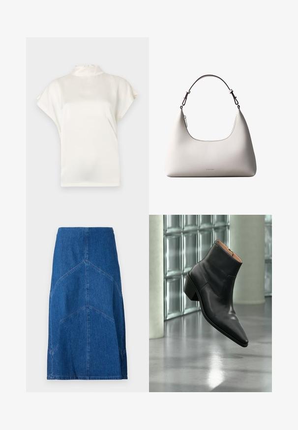 Cremefarbene Bluse mit hohem Kragen und kurzen Ärmeln, aus glattem Stoff gefertigt. Sie hat einen dezenten Glanz und einen Knopfverschluss am hinteren Halsauschnitt.; Denim-Bleistiftrock in Dunkelblau mit vertikalen Nahtdetails und gerader Silhouette. Verfügt über einen Bund und einen rohen Saum.; Schwarzer Leder-Stiefelette mit spitzer Schuhspitze und Blockabsatz, der über einem reflektierenden grauen Boden nahe einer Glassteinwand schwebt.; Cremefarbene Calvin Klein Lederschultertasche mit gebogener Oberkante, silbernem Reißverschluss und dunkelbraunem verstellbarem Riemen.