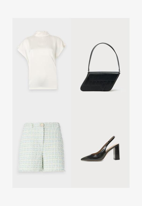Blouse crème à col haut, à manches courtes, en tissu lisse. Présente un léger éclat et une fermeture à bouton à l'arrière de l'encolure.; Shorts en tweed de couleur bleu clair et jaune pâle avec un motif à grille texturé. Dotés d'une fermeture à bouton à l'avant et d'une coupe ajustée.; Chaussure slingback en cuir noir à bout pointu avec un talon bloc haut et une doublure intérieure beige sur un fond clair uni.; Sac d'épaule en cuir noir de forme triangulaire, avec un logo embossé et une seule bandoulière réglable. Design minimaliste avec une texture lisse.