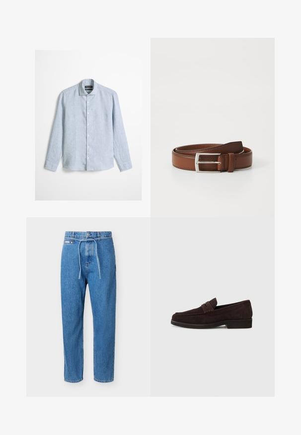 Ανοιχτό μπλε πουκάμισο με μακριά μανίκια και κουμπιά, με κλασικό γιακά, από υφασμένο ύφασμα, σε απλό φόντο.; Μπλε τζιν παντελόνι με ευθεία γραμμή, ψηλή μέση, κουμπί μπροστά, κλείσιμο με φερμουάρ και λεπτή ζώνη από το ίδιο ύφασμα δεμένη στη μέση.; Καφέ σουέτ λόφερς με χαμηλό προφίλ και στρογγυλή μύτη. Διαθέτουν διακοσμητική λωρίδα πάνω απ' το παπούτσι, επίπεδη καουτσούκ σόλα και χωρίς ορατές ραφές.; Καφέ δερμάτινη ζώνη με λεία επιφάνεια, διαθέτει ασημένια μεταλλική αγκράφα και διακριτική ραφή κατά μήκος των ακρών. Κλασικός και ανθεκτικός σχεδιασμός.