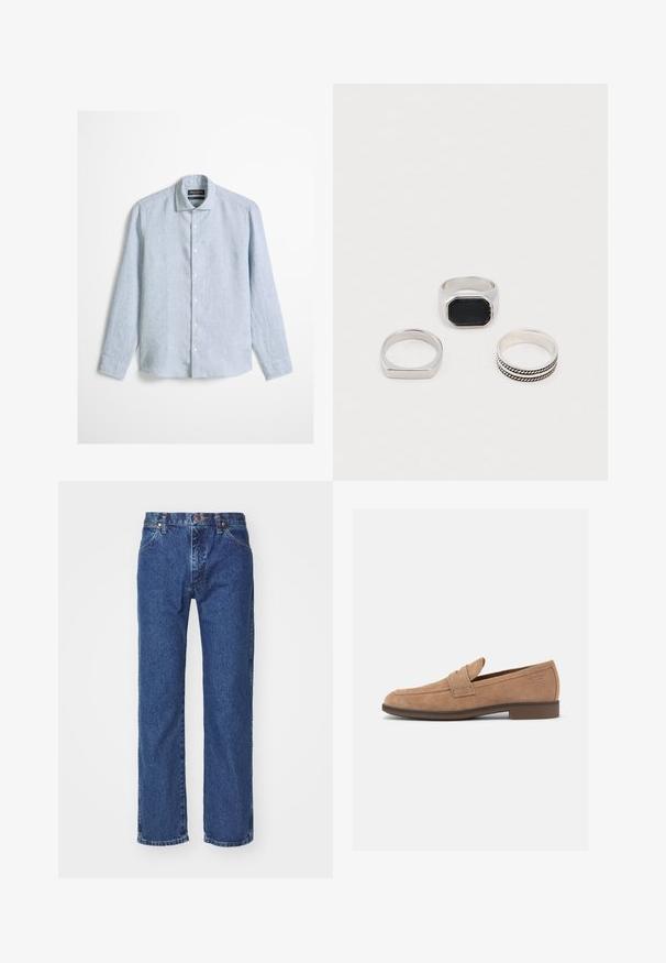Lichtblauw overhemd met lange mouwen en knopen, met een klassieke kraag, gemaakt van gestructureerde stof, weergegeven tegen een effen achtergrond.; Rechtermode blauwe denim jeans met een voorste knoop, ritssluiting, riemlussen en vijf-vakken ontwerp op een effen witte achtergrond.; Lichtbruine suède herenslipper met een lage hak, ronde neus en een banddetail over de bovenzijde.; Drie zilveren ringen op een witte ondergrond: één met een zwarte rechthoekige steen, één eenvoudige en één met zwarte touwachtige details.