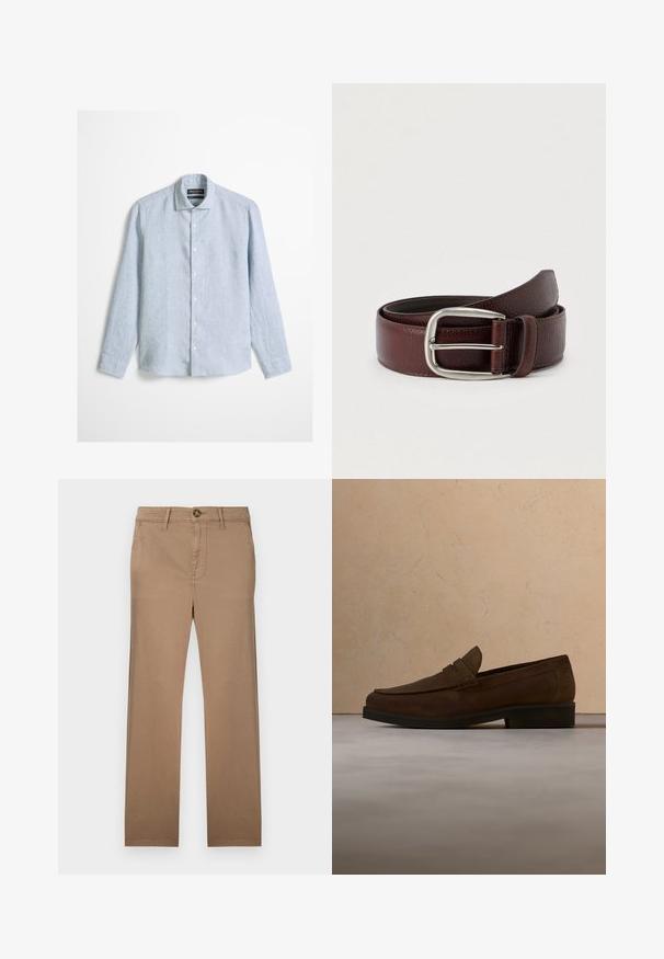 Lyseblå langærmet skjorte med knapper og klassisk krave, lavet af tekstureret stof, vist mod en ensfarvet baggrund.; Khaki chinos med en lige ben-design, lavet af blødt bomuldsstof, med en enkelt knaplukning og bæltestropper.; Brun mokkalæders loafer med sort sål svævende over beige tæppe foran en beige sofa.; Brunt læderbælte med tekstureret finish, med spænde i sølvmetal og en enkel løkke til justering. Vævet design nær spændet.
