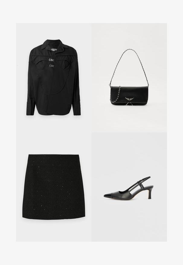 Chemise noire à boutons avec un devant structuré présentant des détails superposés, deux poches poitrine et un col. Fabriquée dans un tissu lisse avec une finition mate.; Mini-jupe noire texturée avec de subtiles paillettes brillantes, coupe droite, sans embellissements ni motifs visibles.; Chaussure à bride arrière en cuir noir avec bout pointu, dotée d'un accent brillant sur le bout et d'un talon de hauteur moyenne. Design latéral ouvert.; Sac à main en cuir noir avec une bandoulière en chaîne argentée, présentant des accents décoratifs en forme d'ailes et des coutures blanches le long de la couture inférieure.