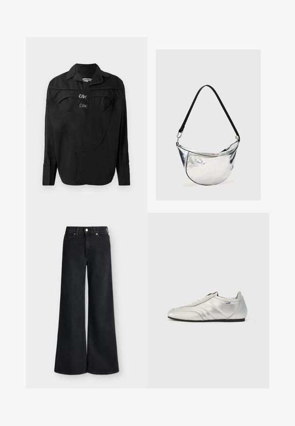 Schwarzes Button-Up-Hemd mit strukturiertem Vorderteil, das Überlagerungsdetails, zwei Brusttaschen und einen Kragen aufweist. Hergestellt aus einem glatten Stoff mit matter Oberfläche.; Schwarze, hoch taillierte Jeans mit weitem Bein, vorne mit Knöpfen und Reißverschluss, zwei Vordertaschen und Gürtelschlaufen.; Silberne Sportschuhe mit einer glatten Lederoberfläche, ausgestattet mit gesteppten Akzenten, einer runden Zehenpartie und einer niedrigprofiligen schwarzen Gummisohle.; Silberne, metallische Schultertasche in Mondsichelform mit schwarzem, verstellbarem Riemen und Reißverschluss auf schlichtem hellem Hintergrund.