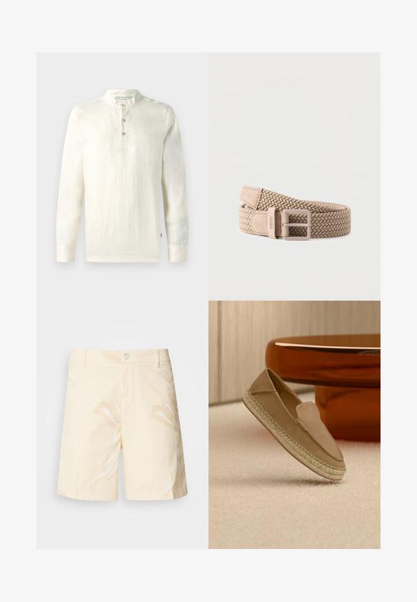 Camisa de manga larga en algodón color crema claro, con cuello mandarín, tapeta de tres botones y un acabado texturizado.; Pantalones cortos de algodón en amarillo pálido con un patrón floral. Cuenta con cierre de botón, bolsillos frontales y un corte recto con bordes doblados.; Zapato beige sin cordones con parte superior texturizada y suela tejida, colocado en posición vertical sobre una alfombra clara junto a una mesa circular marrón brillante.; Cinturón de tela tejida beige con extremos de ante y hebilla rectangular de metal, enrollado sobre un fondo gris claro.