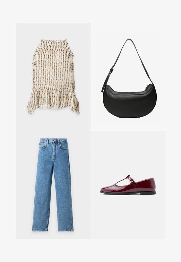 Ærmeløs bluse med flæsekant og lodrette flerfarvede tie-dye striber i beige, blå, pink og brune nuancer på let stof.; Lysblå lige ben jeans lavet af denim, med høj talje, frontknaplukning og fem-lomme design med synlige sømme.; Bordeaux laklæder Mary Jane-flad med udskæringsdesign og en guldbeklædt spænde på remmen, med en lav sort sål.; Sort læder skuldertaske i halvmåneform med en lang justerbar rem og lynlås i toppen.