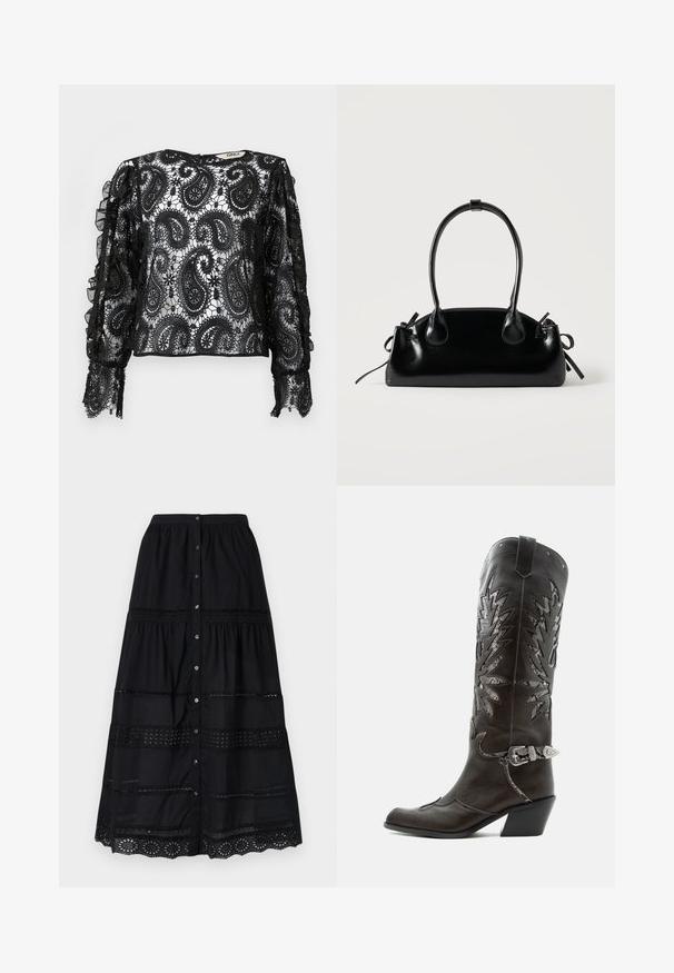 Haut en dentelle noire avec motif paisley, manches volantées et texture transparente. Encolure ronde avec détails subtils et coupe courte.; Jupe longue en coton noire avec un design à volants, présentant des découpes en dentelle verticale et une fermeture à boutons sur le devant, détail de l'ourlet texturé.; Botte de cowboy en cuir noir avec découpes décoratives, boucle argentée et talon incliné, présentée sur fond blanc.; Petit sac à main noir brillant avec deux longues anses et des détails à cordon sur les côtés sur un fond clair uni.