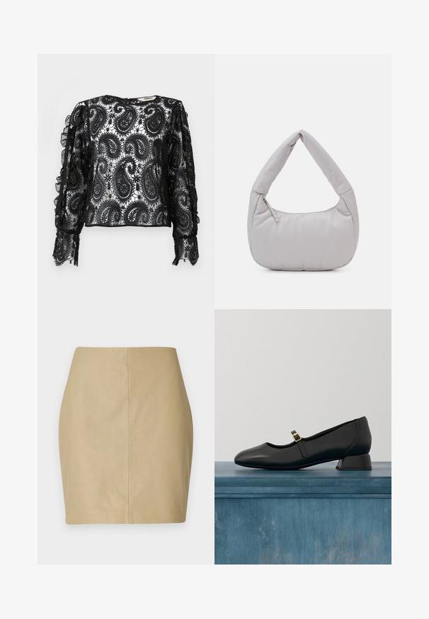 Sort blonde top med paisley-mønster, flæser på ærmerne og gennemsigtig tekstur. Rund halsudskæring med subtil detaljering og cropped pasform.; Beige læder mini nederdel med en tætsiddende design, glat tekstur og en central søm, der løber lodret ned ad ryggen.; Sort læder Mary Jane-sko med lav blokhæl og guldbeslag, svævende over en betonbund med en tekstureret, gennemsigtig baggrund.; Lys grå hobo taske med en blød, polstret tekstur, en buet håndtag og en lynlåslomme, der skaber et slankt, minimalistisk design.