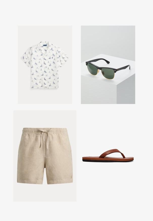 Weißes kurzärmeliges Hemd mit Knopfleiste, blauem Segelboot-, Leuchtturm- und Anker-Muster, mit Brusttasche und Polo Ralph Lauren-Logo.; Beige karierte Shorts mit elastischem Bund und vorderem Kordelzug, mit kleinem eingesticktem Logo am unteren linken Bein.; Braune Lederflip-Flops mit einem strukturierten Riemen, einer gepolsterten Innensohle und einer schwarzen Gummisohle. Seitenansicht, die das schlanke Design hervorhebt.; Ray-Ban Sonnenbrillen mit grünen Gläsern, schwarzen Kunststoffrahmen und goldenen Akzenten an den Rändern. Quadratische Form mit matter Oberfläche.