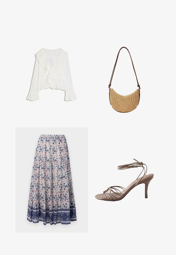 Witte blouse met lange mouwen, brede gerimpelde kraag, sluiting met strik aan de voorkant en uitlopende manchetten met kantafwerking.; Florale maxi rok met een grijze achtergrond, versierd met roze en blauwe bloemen, gelaagd ontwerp en een marineblauwe patroonrand. Elastische tailleband.; Bruine sandalen met hoge hakken, enkellintjes en dunne banden over de tenen en hiel, weergegeven op een witte achtergrond.; Halvemaanvormige geweven strohandtas met een verstelbare bruine schouderriem en metalen accenten in goudtint, op een witte achtergrond.