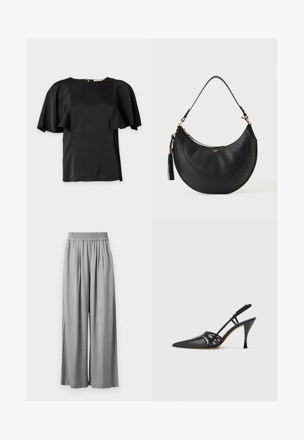 Blusa de satén negra con mangas anchas y onduladas y escote redondo, mostrada plana sobre un fondo claro.; Pantalones de pierna ancha en gris claro con cintura elástica y pliegues sutiles, mostrados extendidos sobre un fondo blanco.; Zapato de tacón alto de charol negro con punta afilada, diseño de tiras entrecruzadas y tacón de aguja delgado. Textura suave y acentos mínimos.; Bolso de cuero negro en forma de media luna con una sola correa, cremallera dorada, detalle de borla y diseño sutilmente cosido.