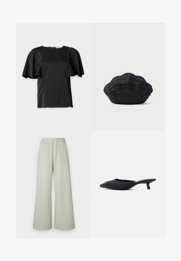 Blouse en satin noir avec de larges manches volantes et un col rond, présentée à plat sur un fond clair.; Pantalon large vert clair avec une taille élastique, en tissu texturé, sans éléments métalliques visibles ni motifs.; Mule pour femmes noires avec bout pointu, empeigne en tissu, petit talon bobine et un nœud décoratif à l'avant, présenté en profil latéral.; Sac à main en osier noir en forme de coquille Saint-Jacques avec un dessus courbé et une texture tressée sur un fond uni.