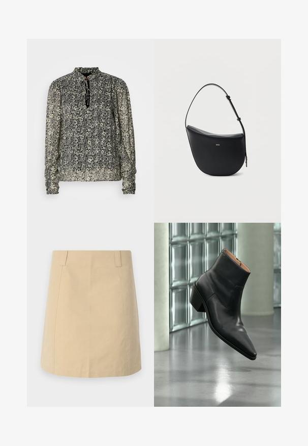 Blouse à manches longues en imprimé floral noir et crème, avec un col montant et des poignets froncés. Tissu léger et transparent avec une coupe décontractée.; Jupe en coton beige avec une coupe droite, dotée de plis sur le devant, de poches latérales et de détails cousus le long des coutures.; Bottine en cuir noir avec un bout pointu et un talon carré lévitant au-dessus d'un sol gris réfléchissant près d'un mur en blocs de verre.; Sac à bandoulière en cuir noir en forme de demi-lune avec une bandoulière réglable et le logo doré « BOSS » centré sur le devant.
