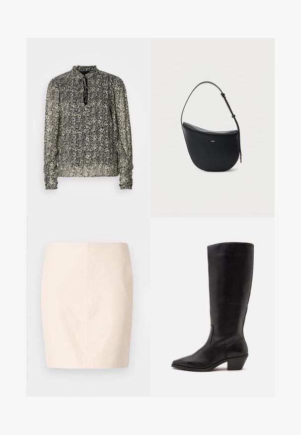 Blouse à manches longues en imprimé floral noir et crème, avec un col montant et des poignets froncés. Tissu léger et transparent avec une coupe décontractée.; Jupe beige ajustée avec une texture lisse et des lignes épurées. Elle présente une taille mi-haute et une silhouette droite. Pas de fermetures ni d'ornements visibles.; Botte en cuir noire mi-mollet avec un bout pointu et un talon bas incliné sur un fond clair uni.; Sac à bandoulière en cuir noir en forme de demi-lune avec une bandoulière réglable et le logo doré « BOSS » centré sur le devant.