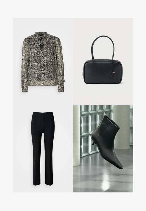 Blusa de manga larga en estampado floral negro y crema, con cuello alto y puños fruncidos. Tejido ligero y transparente con un corte relajado.; Pantalones negros de corte entallado, con una textura suave, diseño de pierna recta y sutiles detalles de costura en la parte delantera.; Botín negro de cuero con punta puntiaguda y tacón bajo estilo kitten, mostrado en ángulo sobre un suelo pulido y con una pared de bloques de vidrio de fondo.; Bolso rectangular negro con asas dobles redondeadas, cremallera dorada y logo "HUGO" en relieve en el frente con etiqueta de cuero adjunta.