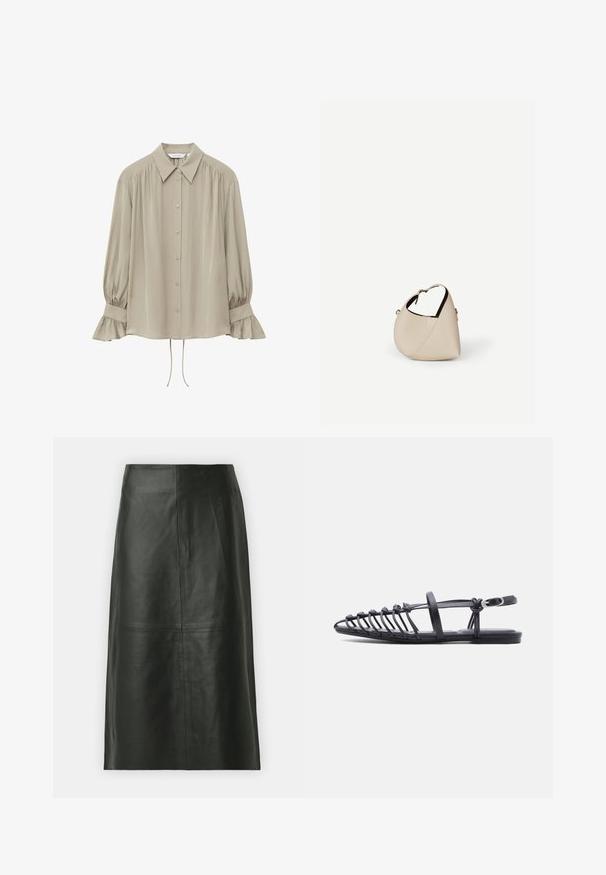 Beige blouse met lange mouwen, knoopsluiting aan de voorkant, puntige kraag, geplooide schouders en gerafelde manchetten met koorddetail aan de zoom.; Zwarte leren midi-rok met een rechte snit. Gladde textuur, minimale naden en een nauwsluitende tailleband. Geen zichtbare zakken of extra details.; Zwarte platte sandaal met meerdere dunne bandjes, een enkelfiguur met gesp en een open-toe kooi-ontwerp op een witte achtergrond.; Beige leren handtas in halvemaanvorm met een enkele schouderband en minimale stiksels, afgebeeld tegen een effen witte achtergrond.