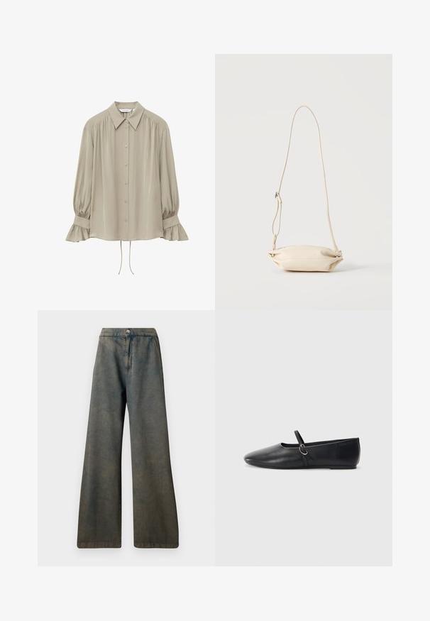 Beige blouse met lange mouwen, knoopsluiting aan de voorkant, puntige kraag, geplooide schouders en gerafelde manchetten met koorddetail aan de zoom.; Donkerblauwe jeans met wijde pijpen en een hoge taille, voorzien van een knoopsluiting aan de voorkant en een subtiele textuur. De stof lijkt lichtvervaagd.; Zwarte leren balletschoenen met een spitse neus, platte zool en een kleine strap met een zilveren gespsluiting.; Kleine beige leren crossbody tas met verstelbare riem, getoond tegen een effen lichte achtergrond.