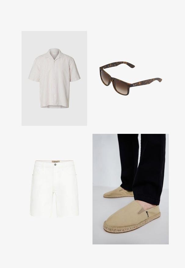 Kurzärmeliges Hemd mit Knopfleiste, vertikalen rosa-weißen Streifen und einem Camp-Kragen, auf neutralem Hintergrund präsentiert.; Weiße Denim-Shorts mit einem klassischen Fünf-Taschen-Design, Metallknopfverschluss und kontrastierenden Stickdetails. Glatte Textur und gerader Schnitt.; Beige Leinenschaftsschuhe mit elastischen Einsätzen, Jute-Seilsohle und kontrastierenden Nähten. Tragen mit schwarzen, schmal zulaufenden Hosen.; Schildpatt-Sonnenbrille mit braunen Verlaufslinsen, rechteckiger Form, dicken Rahmen und einem silbernen Logo-Akzent an der Seite.