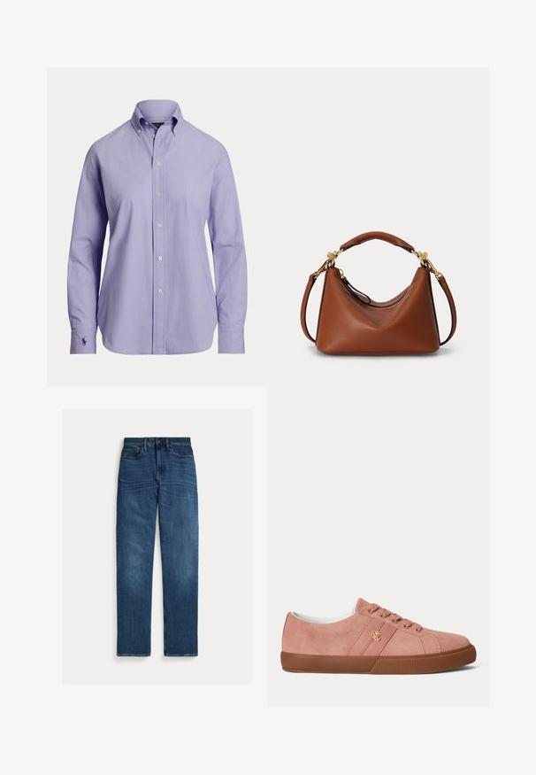 Lichtpaarse heren overhemd met lange mouwen, knopen, een aangeknopte kraag en een geborduurd logo op de linker manchet.; Blauwe denim jeans met rechte pijpen, vijf zakken, knoopsluiting en subtiele vervaging op dijen en knieën, plat op een witte achtergrond gelegd.; Lage roze suède sneaker met bruine rubberen zool en veters, met een klein goudkleurig RLL-logo op het zijpaneel.; Bruine leren handtas met korte bovenhandgreep en afneembare schouderriem, met goudkleurige hardware en een gebogen, slungelige vorm.