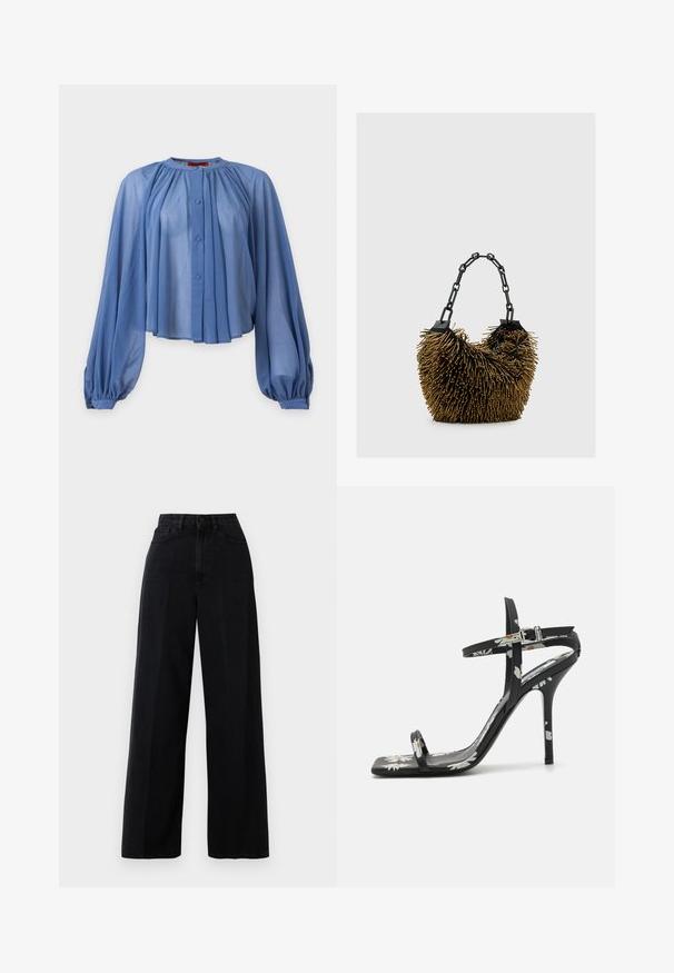 Blå gennemsigtig bluse med lange pufærmer, rund halsudskæring og knaplukning foran mod en hvid baggrund.; Sorte wide-leg jeans lavet af denim, med høj talje, forlommer og knaplukning. Stoffet har en glat tekstur.; Sorte højhælede sandaler med firkantet tå, blomstermønster, tynde ankelremme og en blank overflade. Bemærkelsesværdig slank stilettohælk.; Sort håndtaske med en tekstureret, guldfarvet pigget udsmykning. Har et kraftigt sort kædehåndtag og en blød, indbydende form.