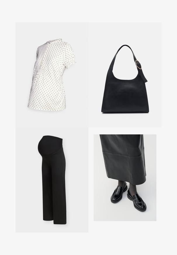 MAMALICIOUS MLDORIS LIA - Blouse - snow white; Pantalon de maternité noir avec une taille haute et extensible conçue pour soutenir un ventre de femme enceinte, présenté sur un fond clair uni.; Mocassins en cuir noir avec une finition lisse, ornés d'une bande décorative, à bout rond et avec une semelle texturée. Portés avec une longue jupe en cuir noir.; Sac en cuir noir avec une texture lisse, un corps arrondi et une seule anse, ornée d'un accent en métal doré rond.