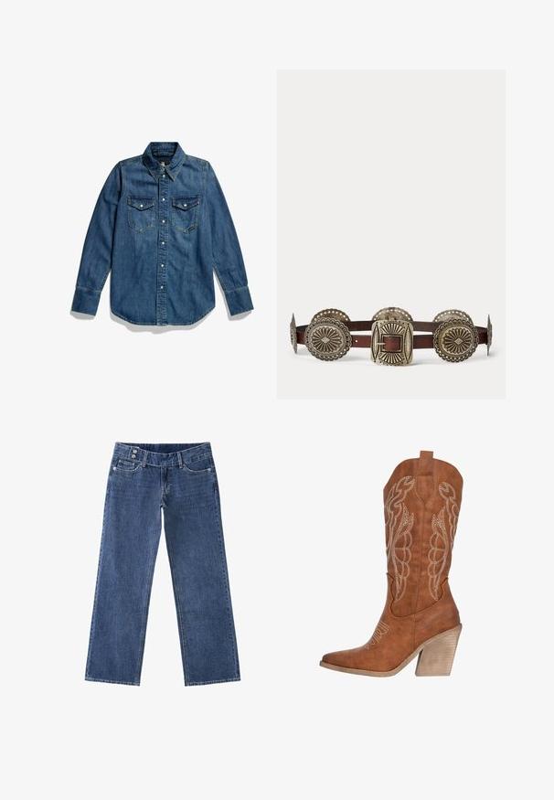 Denim overhemd in een diepblauwe kleur, met knopen aan de voorkant, twee borstzakken en een puntige kraag. Het heeft lange mouwen en een gebogen zoom.; Blauwe spijkerbroek met rechte pijpen, twee voorzakken en een tailleband met dubbele knoopsluiting op een witte achtergrond.; Bruine leren cowboylaars met witte borduursel, puntige neus en een gestructureerde blokhak. Bevat een lus voor eenvoudig aan- en uittrekken.; Bruine leren riem met grote sierlijke zilverkleurige metalen conchos en een rechthoekige zilverkleurige gesp met reliëfpatronen.