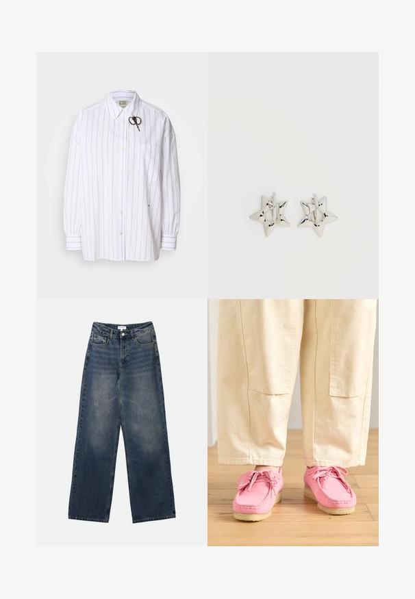 Scotch & Soda GIRLFRIEND SHIRT - Košeľa - bright white/faded denim; Pánske modré džínsy s vysokým pásom a širokými nohavicami, predným gombíkom a zipsom, a prednými aj zadnými vreckami.; Ružové semišové mokasínové topánky so šnúrkami, ktoré majú textúrovaný povrch a svetlo béžovú gumovú podrážku, skombinované s béžovými nohavicami.; Strieborné náušnice kruhy v tvare hviezdy s hladkým, lešteným povrchom na jednofarebnom bielom pozadí.