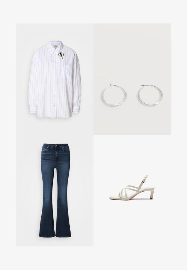 Scotch & Soda GIRLFRIEND SHIRT - Skjorter - bright white/faded denim; Mørkeblå denim flare jeans med høj talje, frontknap og lynlås og klassisk design med fem lommer.; Zign Pumps - off white; Sølvfarvede metaloorringe med glat, let buet overflade og låsemekanisme på en ensfarvet hvid baggrund.