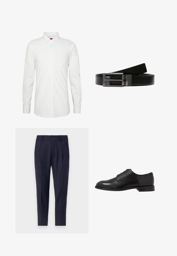 HUGO ELISHA - Chemise classique - open white; Pantalons bleu marine ajustés, dotés de plis, d'une fermeture à bouton et de poches latérales. Fabriqués dans un tissu lisse avec un léger éclat.; Chaussure de ville en cuir noir avec une finition lisse, bout arrondi, six œillets et un talon bas empilé. Design simple et classique.; Ceinture en cuir noir avec une boucle en métal argenté brillant. La boucle présente un design à double ardillon. Texture lisse avec une finition polie.