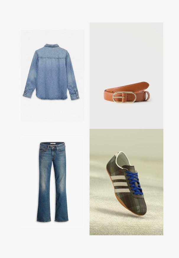 Chemise en denim bleu clair à manches longues avec poignets boutonnés, vue de dos sur fond blanc.; Jeans bootcut en denim bleu avec cinq poches et une fermeture à bouton, présentant des zones décolorées sur les cuisses et les genoux.; Baskets de sport à carreaux marron avec des lacets bleus, trois bandes blanches et une surface lisse, dotées d'une semelle en caoutchouc marron clair.; Ceinture en cuir couleur tan enroulée avec une boucle ovale dorée sur un fond clair uni.