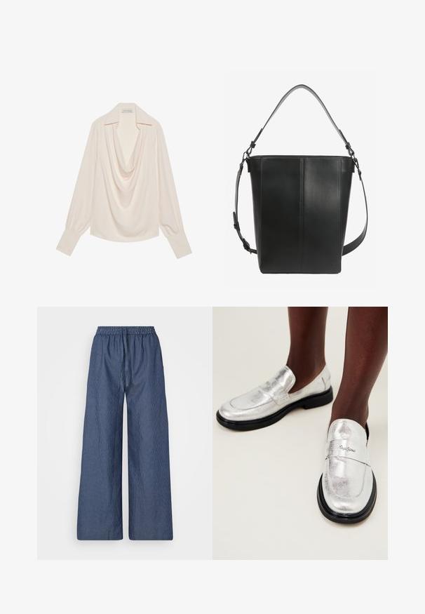 Blouse met col van lichtcrème stof, met lange mouwen, een ontspannen pasvorm, omgeslagen manchetten en naadloze draping bij de halslijn.; Lichte blauwe en witte gestreepte wijde broek met een drawstring taille en elastische band, gemaakt van een zachte stof en met een relaxte pasvorm.; Zilveren metallic instappers met een gladde afwerking, zwarte rubberen zool en een decoratieve band met de merknaam in reliëf.; Zwarte leren bucketbag met verticale stiksels, een kort handvat en een verstelbare schouderriem met metalen sluitingen.