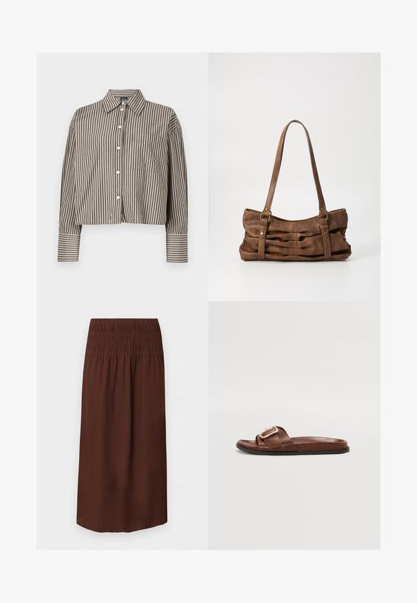 Chemise courte à manches longues rayée verticalement marron et blanche avec fermeture boutonnée à l'avant, col pointu, poche poitrine et larges poignets.; Jupe midi marron foncé avec taille élastiquée froncée et silhouette droite sur fond uni.; Sandale en cuir marron avec une large bande ornée d'une boucle dorée, semelle plate et texture lisse.; Even&Odd Sac à main - brown