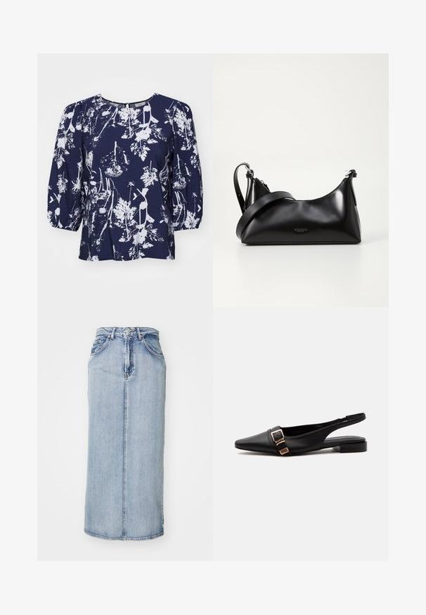 Navyblaues Bluse mit weißem botanischen Druck, rundem Hals und Puffärmeln. Texturiertes Gewebe mit lockerer Passform und subtiler Sheen.; Hellblauem Denim-Midirock mit tailliertem Bund, vorderer Naht und Seitentaschen; weist eine leicht ausgewaschene Textur auf.; Schwarzer flacher Lederslingback mit spitzer Zehenpartie und goldener Schnalle an der Seite, vor weißem Hintergrund dargestellt.; Schwarze lederne Handtasche mit glatter Textur. Verfügt über einen verstellbaren Riemen und ein elegantes, minimalistisches Design mit einem Reißverschluss.