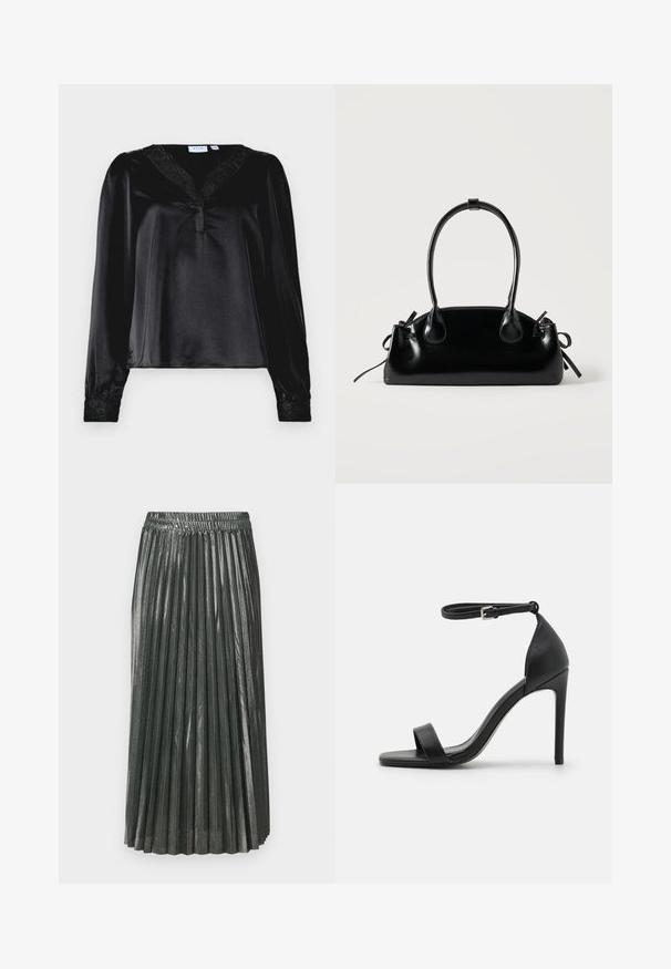 Blouse en satin noir avec des manches longues, garniture en dentelle au niveau du col et accents brodés sur les poignets. Texture lisse, coupe structurée.; Jupe plissée vert métallique avec une taille élastique. Présente des plis verticaux étroits et un design mi-long, créant une silhouette structurée.; Sandale noire à talons hauts au design épuré, avec une bride au niveau de la cheville, un bout ouvert et une texture en cuir lisse.; Petit sac à main noir brillant avec deux longues anses et des détails à cordon sur les côtés sur un fond clair uni.