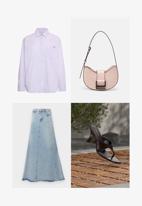 Hellviolettes langärmliges Hemd mit Knöpfen, linke Brusttasche und kleinem Calvin Klein-Logo-Patch oberhalb der Tasche.; Helle blaue Denim-Rock mit ausgestellter A-Linien-Form, ausgestattet mit einer Frontknopfschließe, Gürtelschlaufen und sichtbaren Nähdetails.; Braune Calvin Klein Sandalette mit Absatz und Zehensteg, schwebend über einem Boden aus Holzfliesen und Kies im Freien, mit verschwommenem Grün und Stein im Hintergrund.; Kleine, geschwungene Handtasche aus pinkem Leder mit glänzender Oberfläche, ausgestattet mit einem schwarzen Akzentgurt und einem großen schwarzen Verschluss. Crossbody-Design.