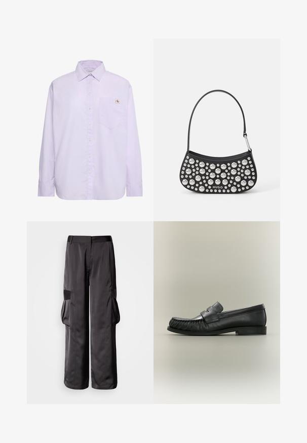 Chemise à manches longues mauve clair avec boutons, poche poitrine gauche et petite étiquette logo Calvin Klein au-dessus de la poche.; Pantalon cargo noir en tissu lisse, avec jambes larges, grandes poches latérales et taille plate avec détails accentués.; Mocassin penny en cuir noir avec détail plissé au bout et talon bas empilé, vu de côté sur un fond neutre.; Sac à main en cuir noir, de forme courbée, orné de clous en argent de tailles variées et doté d'une courte bandoulière. Logo "HUGO" imprimé à l'avant.