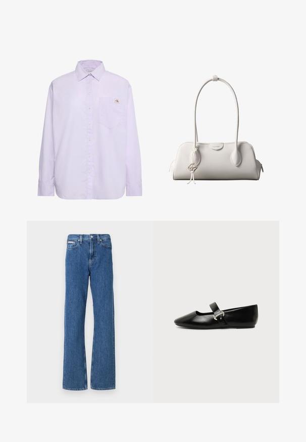 Camisa de manga larga color púrpura claro con botones, bolsillo en el pecho izquierdo y pequeña etiqueta con el logo de Calvin Klein encima del bolsillo.; Vaqueros de mezclilla azul con un diseño de pierna recta, con una cintura de altura media, bolsillos delanteros y un sutil detalle desgastado.; Zapato plano Mary Jane de cuero negro con punta redondeada y hebilla plateada sobre un fondo liso.; Bolso de hombro blanco de Calvin Klein con asas largas, forma rectangular, cierre de cremallera y charm decorativo con el logo colgando cerca del asa.