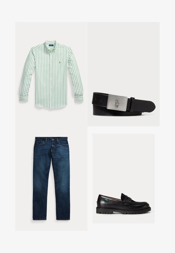 Herre langærmet skjorte med knapper, med lodrette grønne og hvide striber samt et lille broderet logo på venstre bryst.; Mørkeblå denimjeans med let falmning på lår og lommer, knap- og lynlåslukning samt design med fem lommer, lagt fladt på hvid baggrund.; Sort læderloafer med chunky sål, rundet tå og grøn Polo-logo tag på siden.; Sort læderbælte med en rektangulær sølvmetalspænde med et præget hestebuddy-logo, glat tekstur og fem hul til spænde.