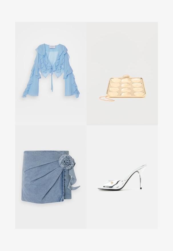 Lysblå kort blouse lavet af chiffon med bølgede detaljer langs fronten og ærmerne, med en snøre lukning i taljen.; Denimindpakning med en lys blå nuance, intrikate plisseringer og en dekorativ blomst med et svævende bånd. Blød tekstur og afslappet design.; Sølv højhælede mule med åben tå, slank stilethæl og lille gyldent hjertepynt på remmen.; Guld clutchtaske med afrundet rektangulært præg mønster og en lille kæde som strop på ensfarvet baggrund.