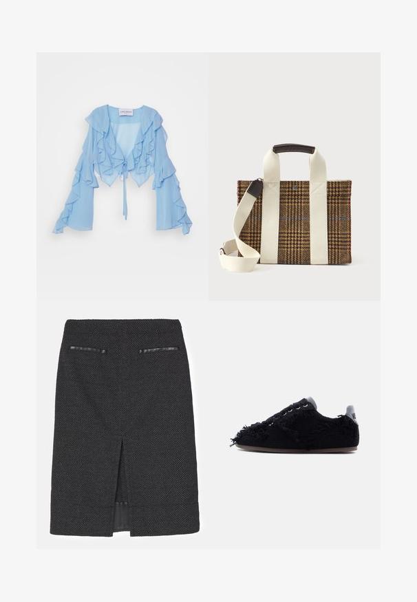 Blouse courte bleu clair en chiffon avec des accents froncés sur le devant et les manches, dotée d'un lien de fermeture à la taille.; Jupe crayon noire avec un tissage texturé, dotée de deux fausses poches et d'une fente arrière pour plus de mobilité. Doublure intérieure lisse.; Baskets basses noires en tissu texturé, œillets pour lacets, semelle plate marron et languette blanche à l'arrière avec logo visible.; Sac en tissu à carreaux brun rectangulaire avec de larges sangles verticales blanches, une petite poignée en cuir et une bandoulière blanche réglable sur fond blanc.